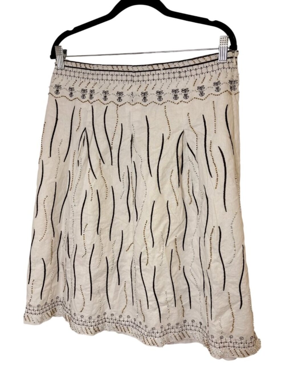 Dizzy Lizzie White Black Beaded Embroidered Linen Blend Skirt Size 12